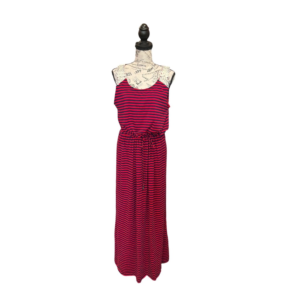 Faded Glory Red Navy Blue Striped Maxiā Dress Crochet Lace Shoulder Womens Large